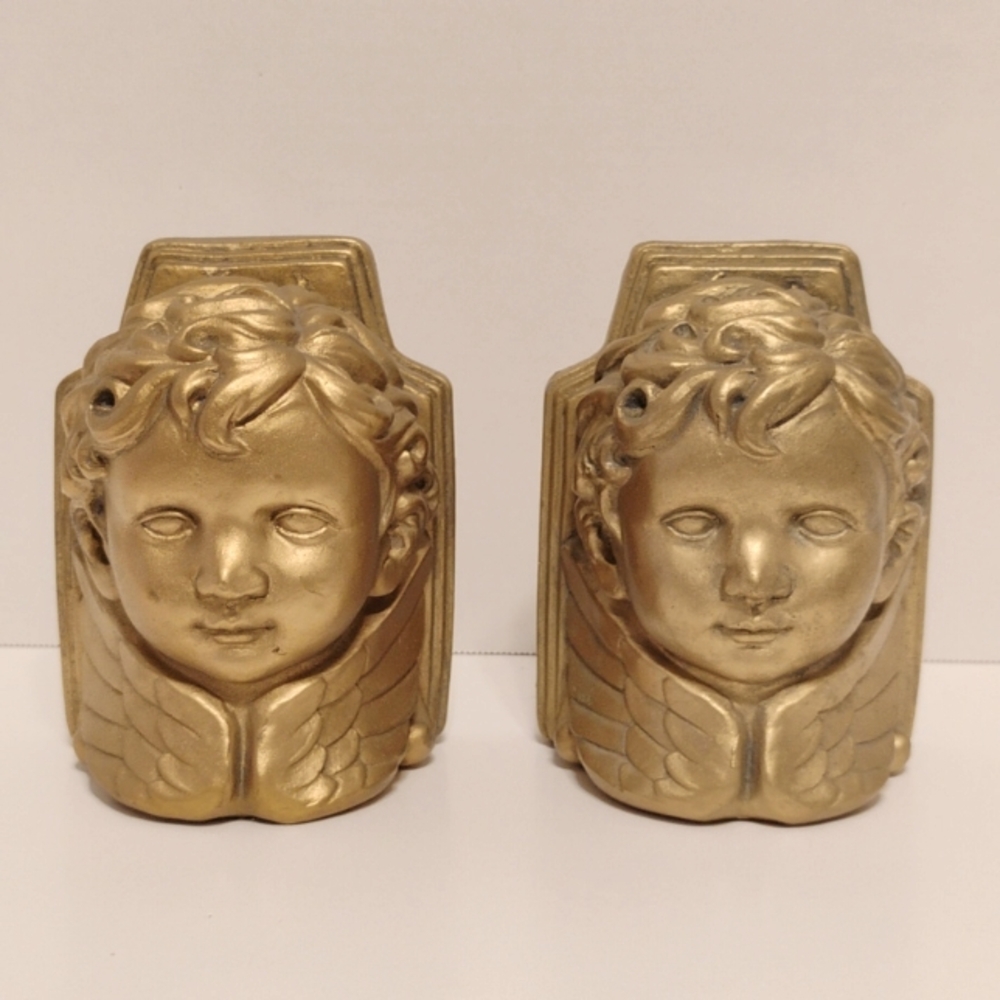 Vintage Cherub Angels Bookends Gold Chalkware 6.5" MCM